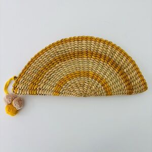 Lu & Elle Half Moon Clutch NWT Natural Straw Yellow & Tan Pom-Pom Trim Zipper